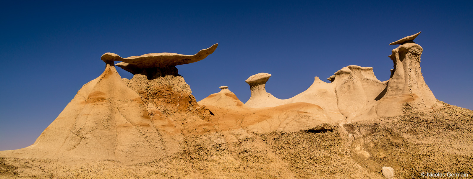 Hoodoos et rocher en forme d'ail ou de raie manta dans Bisti Badlands, Nouveau-Mexique